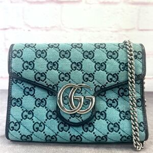 Gucci Monogram Multicolor Matelasse Diagonal GG Marmont Chain Wallet Light Blue